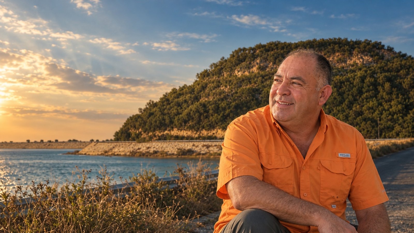 Retrato de Juan Saldaña junto al agua y las montañas al atardecer